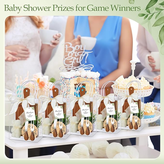 Honeydak 49 Pcs Baby Shower Prizes for Game Players 6 Set Cheese Board Fork Knives Coaster Towel Artificial Potted Plant Thanks Card Gift Bag for Baby Bridal Shower Wedding Favors (Acacia Wood)