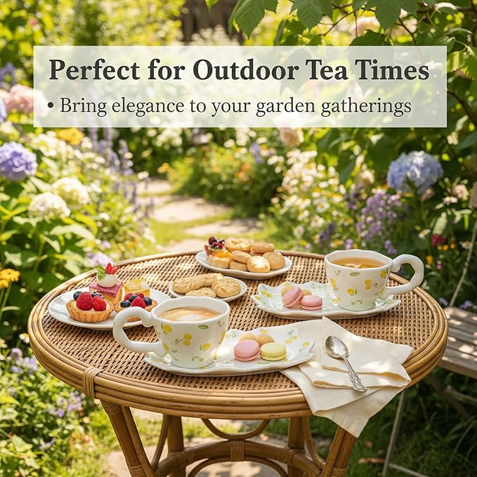 Unique Ceramic Tea Cup and Saucer Set, Coffee Mug, Cup and Saucer Set, Cute Fancy Women's Day Girly Afternoon Tea Set, 5.4 oz/160 ml Vintage Style, For Women and Tea Parties, Yellow flowers