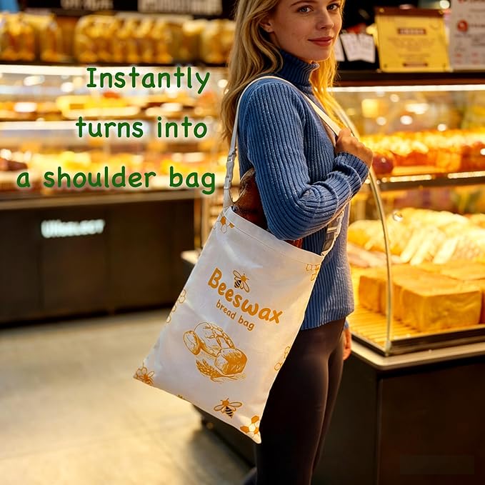 Reusable Beeswax Bread Bags for Sourdough – XXL Large Bread Storage Bag with L-Shape Wide Zipper & Detachable Shoulder Strap, Set of 2 + Cotton Linen Bowl Cover for Homemade Bread