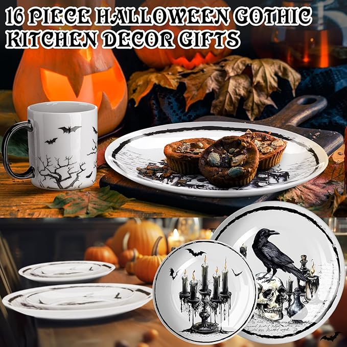 Pickmesh 16 Pcs Halloween Gothic Ceramic Dinnerware Serve for 4 Guest Holiday Dinner Festive Collection Gifts Spooky Kitchen Decoration Holly Ivy Dessert Plate Bowl Mug for Holiday Party