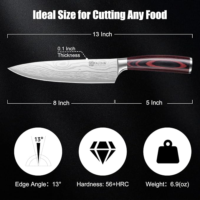 PAUDIN Chef Knife, 8 Inch High Carbon Stainless Steel Sharp Kitchen Knife with Ergonomic Handle, Gift Box for Family & Restaurant