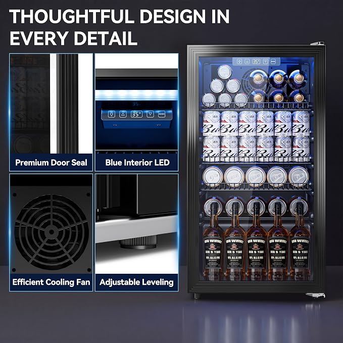 Tehanld Beverage Fridge, 130 Can Mini Fridge With Glass Door, Beverage Cooler Refrigerator, Wine Drink Beer Cooler, Adjustable Shelves & Digital Temperature Display