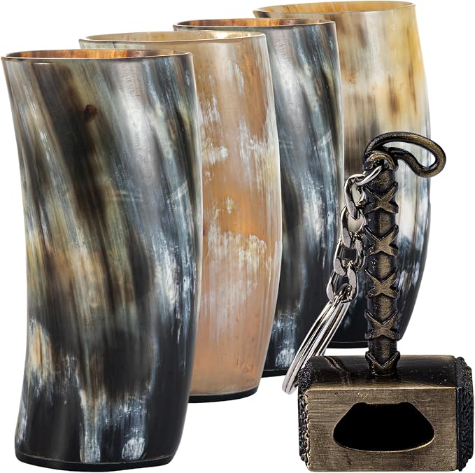 FENRIR Viking Drinking Horn Mug Set of 4 – Gifts for Men, Dad, Husband – Unique Viking Gift – Natural Ox Horn Cup with Opener – For Beer, Ale, Mead (12-13 Oz/Glass)