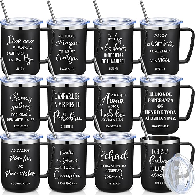 Sieral 12 Pcs Christian Gifts Coffee Mugs with Straw Lid 17 oz Religious Cups with Bible Stainless Steel Tumbler Inspirational Gifts for Women Men Pastor's Church Group(Black,Spanish)