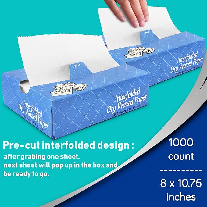 Fit Meal Prep 1000 Sheets 8 x 10.75” Dry Wax Paper Sheets for Food, Greaseproof Sandwich Wrapping, Interfolded Deli Wax Paper for Fries, Burgers, Food Basket, Made in USA