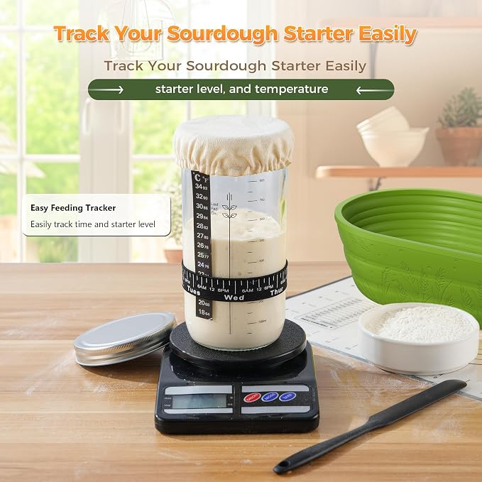 Sourdough Starter Kit for Beginners, 34 oz Starter Jar with Scale Marking, 2 Silicone Proofing Baskets, Complete Bread Baking Kit with Guide & Recipes, Easy to Use & Clean - Green