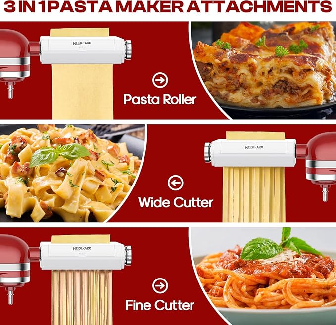 Pasta Attachment for KitchenAid Stand Mixer, 3 in 1 Set Pasta Maker KitchenAid Attachment Includes Spaghetti Cutter, Pasta Sheet Roller and Fettuccine Cutter, Attachment for Kitchen aid Mixers
