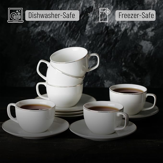 BTaT- Cappuccino Cups with Saucers 7 oz, Set of 6, White Porcelain Coffee Cup and Saucer Set for Latte with Golden Trim Design, Dishwasher Safe, Mocha, Tea, Au Lait, Flat White