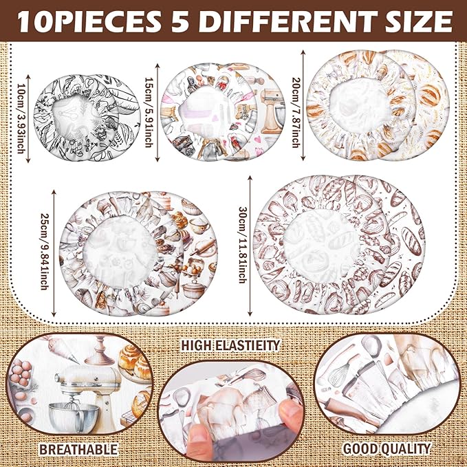 Patelai 10 Pcs Bowl Covers Reusable in 5 Size Stretch Cloth Fabric Elastic Food Storage Bowl Covers Bread Sourdough Lids for Proofing Food Fruits Leftover(Brown,Kitchen Style)