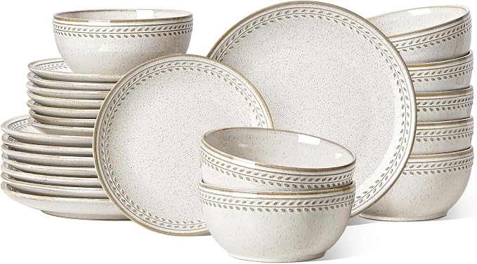 LE TAUCI 24 Piece Dinnerware Sets for 8, Large Plates and Bowls Sets, Ceramic Dishes Set for 8, Modern Stoneware Tableware, Chip Resistant, Ideal for Hosting, Reactive Beige (8"&10" Plate, 27oz Bowl)