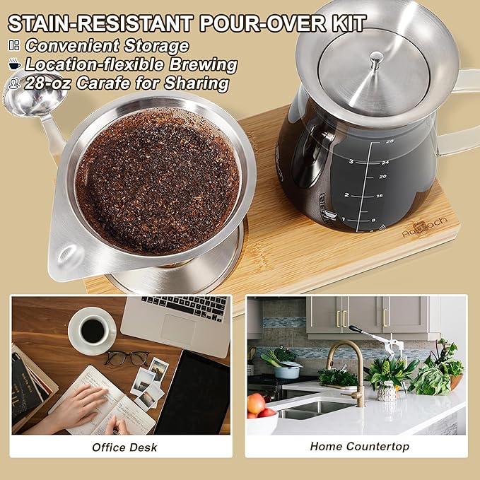 Aquach 28oz Pour Over Coffee Maker Set, Glass Carafe with Reusable Filter | Dishwasher Safe, Sharing Capacity, 304 Stainless Filter, Borosilicate Glass, Plastic Free Brewer
