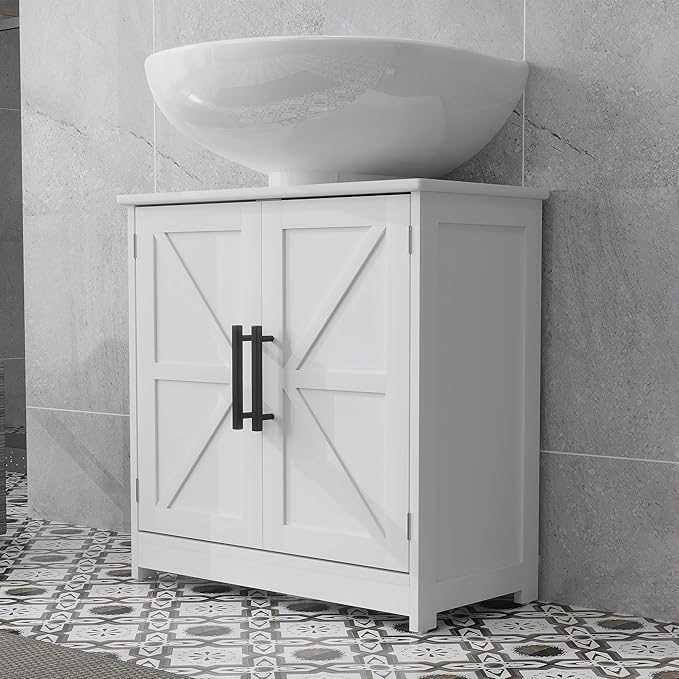 HOMCOM Pedestal Sink Storage Cabinet, Farmhouse Freestanding Bathroom Sink Cabinet with 2 Barn Doors and Adjustable Shelf, White