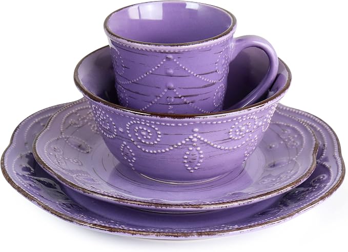 Elama Rustic Birch 16 Piece Stoneware Dinnerware Set in Purple, Purple with Brown Accents, (EL-RUSTICBIRCH)