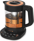 Viante Alba Electric Tea Kettle With Infuser, No Plastic, 1.5L, Black | Borosilicate glass & 304 stainless steel construction. 4 temp presets, keep-warm, cordless, auto shut-off