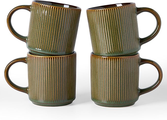 famiware Coffee Mug Set for 4, Star 12 oz Catering Mugs Cup Set with Handle for Coffee, Tea, Cocoa, Milk - Ceramic Stoneware Drinkware Set, Moss