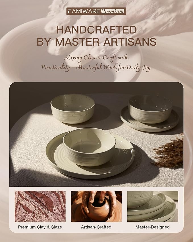24-Piece Stoneware Dinnerware Sets for 6 with Pasta Bowls – Speckled Glaze with Spiral Design, Coupe Plates and Bowls - Chip & Scratch Resistant, Microwave & Dishwasher Safe, Honey