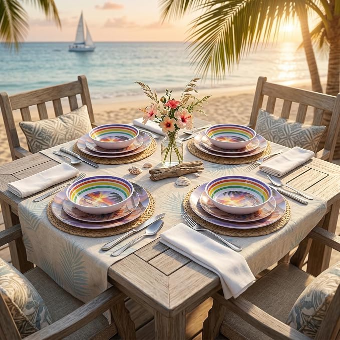 12 Piece Melamine Plates and Bowls Set, Beach Sunset | Melamine Dinnerware Set，Service for 4, Unbreakable, Stackable & Lightweight, Indoor & Outdoor Us