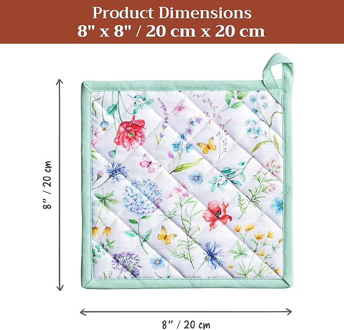 Maison d' Hermine Pot Holders 100% Cotton Heat Resistant Potholders 8" x 8" Hot Pads with Loop BBQ Cooking Baking Gifts for Mothers Day Handling Hot Pans Spring/Summer (Pack of 1, Just Floral)