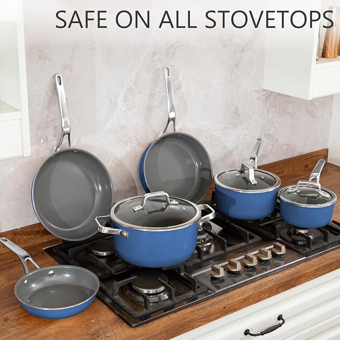 10-Piece Blue Ceramic Nonstick Cookware Set, Pots and Pans with Glass Lids & Anti-Scald Handles, Non-Toxic PFAS Free, Dishwasher & Oven Safe up to 480°F, Induction & All Stoves Ready