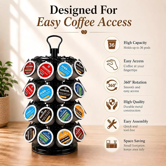 K Cup Holder-Coffee Pod Holder Organizer for 36 K-Cup Pods, 4-Tier Coffee Pod Carousel Compatible with K-Cups, 360° Rotating with Stable Base, Space-Saving for Kitchen Countertop & Office, Black