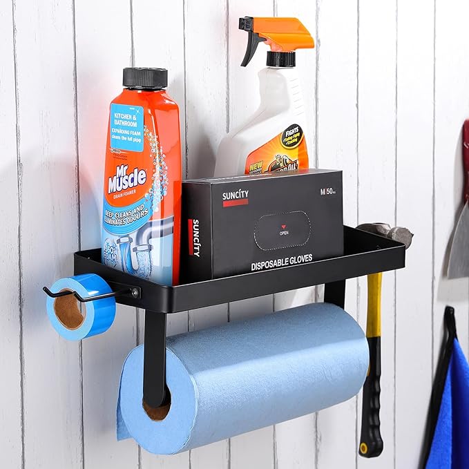 YIGII Garage Paper Towel Holder with Shelf, Wall-Mount Heavy Duty Paper Towel Rack with 4 Hooks, One-Hand Tear Tissue Holder for Workbench, Craft Room & Clean Station, Black