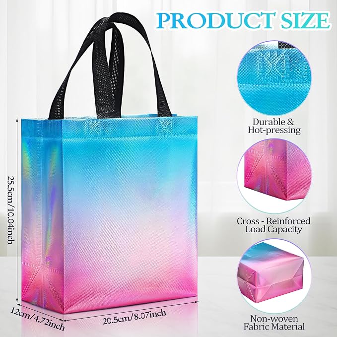 Eccliy Reusable Gift Bags Set Glossy Grocery Gift Tote Bag with Handle for Wedding, Bridal Shower, 4th of July, Summer Event(10 x 8 x 4.7 Inch,Gradient Color,80 Pcs)