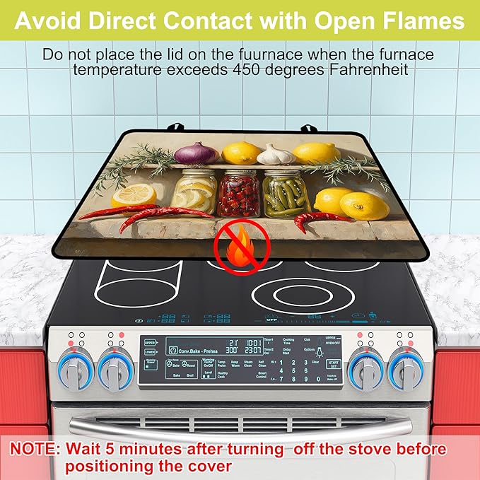 Glass Stove top Cover 28"x 20", Stove Top Covers for Electric Stove, Flat Range Mat for Glass Cooktop, Kitchen Heat-Resistant Protector Non-Slip Drying Mat (Foods Oil Painting)
