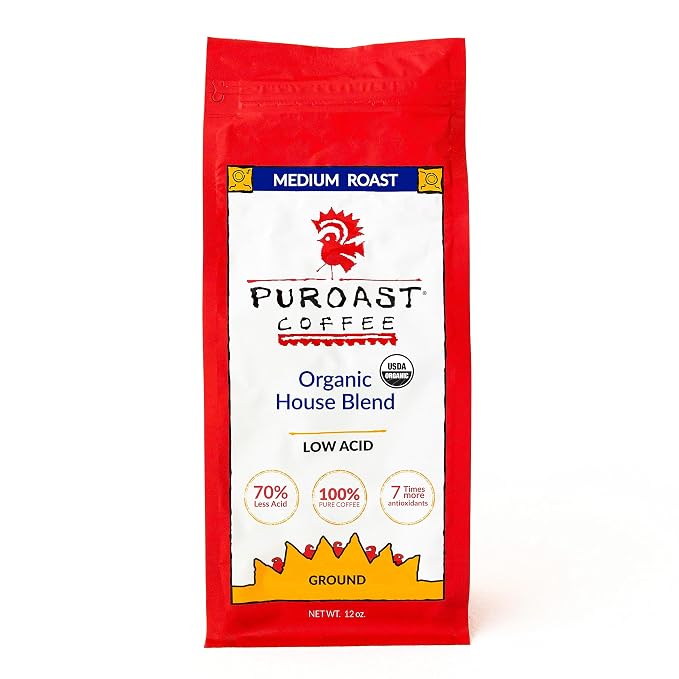 Puroast Low Acid Coffee Ground | Organic House Blend Ground | Medium Roast | High Antioxidants & High pH |No Bitter Aftertaste | Reduced Heartburn & GERD | Suitable for Cold Brew - 12 oz