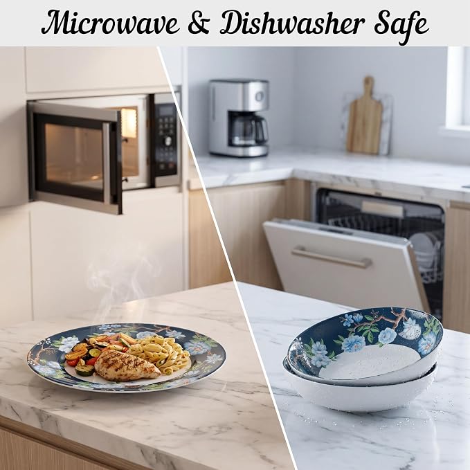 222 Fifth 12-Piece Porcelain Dinnerware Set for 4, Luxury White & Bohemian Blue Plates and Bowls Set, Glossy Ceramic Dish Set with Detailed Floral, Microwave & Dishwasher Safe Dishes, Nightingale