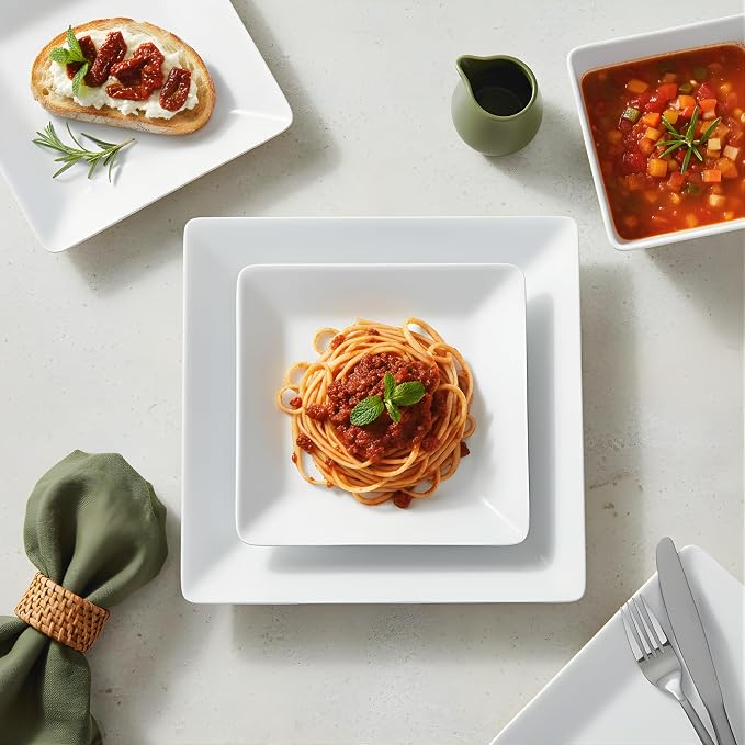 TP 12-Piece Melamine Dinnerware Sets, Plates and Bowls Dishes Set for 4, Break-Resistant & Non-Microwavable, Lightweight Square Dinner Plates, White