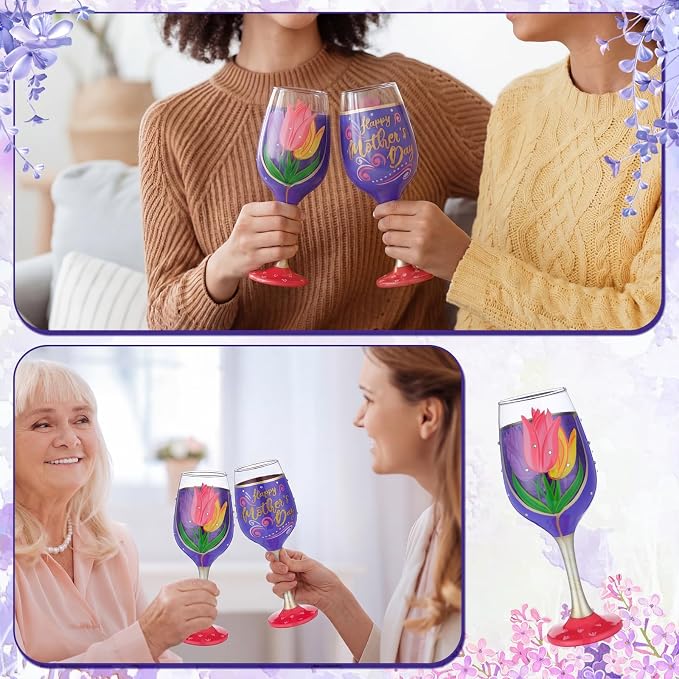 SiliFine 4 Pcs Tulip Party Stemmed Wine Glasses Hand Painted Tulip Flower Drinking Cup Wine Glasses Gifts for Mom Grandmother Mother in Law Birthday Holiday Party Supplies