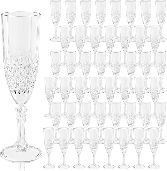 Plastic Champagne Flutes, Champagne Glasses Bulk, Reusable Unbreakable Acrylic Wine Glasses Goblets for Weddings Bachelor Parties Toasting Bridal Shower (48, Transparent)