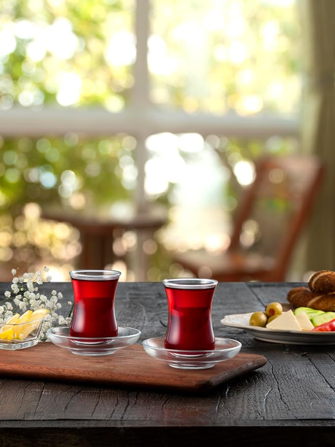 Pasabahce Premium Turkish Tea Cups and Saucers, Set of 12, Perfect for Tea Party, Gifts, Housewarming, Weddings, Anniversary