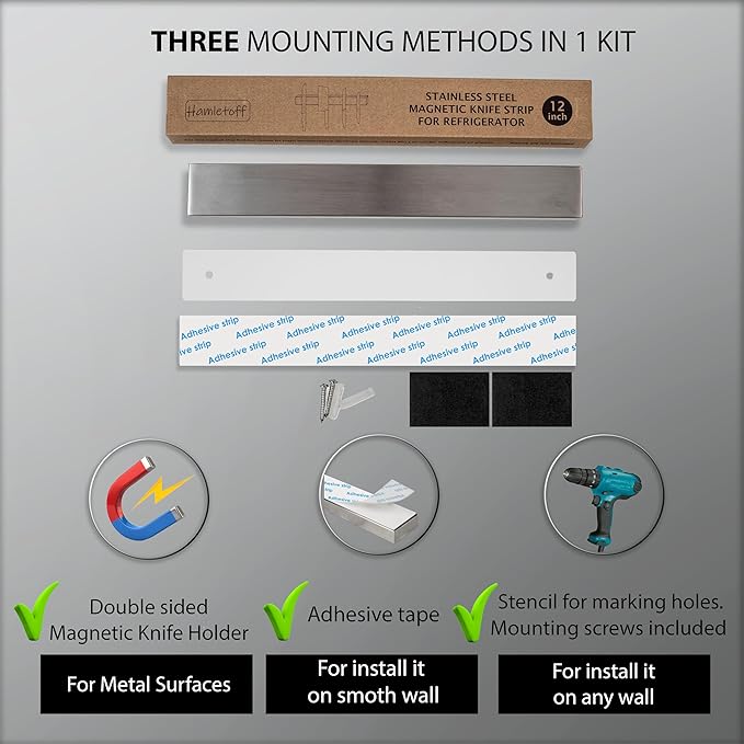 Magnetic Knife Holder for Refrigerator – 12 Inch Professional Double Sided Magnetic Knife Strip for Fridge - Stainless Steel Magnetic Knife Holder for Wall Self Adhesive