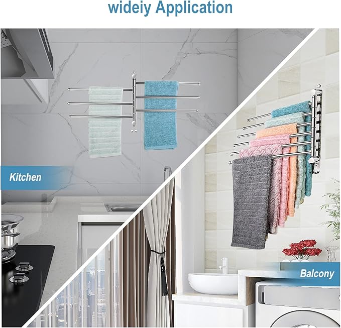 6-Arm Swivel Towel Bar, 180°Rotating Towel Rack Wall Mounted, 304 Stainless Steel Rustproof Heavy Duty Towel Holder for Bathroom Kitchen Laundry Room, Space Saving, Brushed Nickel Finish