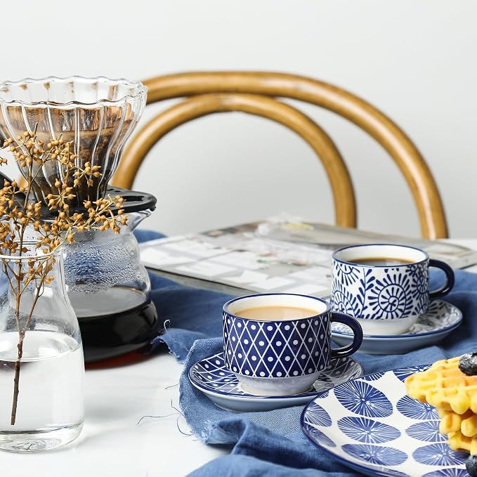Selamica Ceramic Espresso Cups with Saucers and Metal Stand, 2.5 OZ Stackable Demitasse Cups for Espresso Latte Café Mocha, Set of 4, Vintage Blue