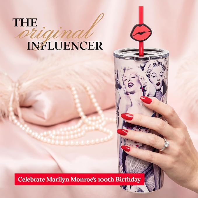 Dragon Glassware x Marilyn Monroe 100th Celebration Tumbler, 24oz - Glamour | Vacuum Insulated Stainless Steel Tumbler with Straw & Lid; Double Walled Tumbler with Straw Charm; Marilyn Monroe Cup