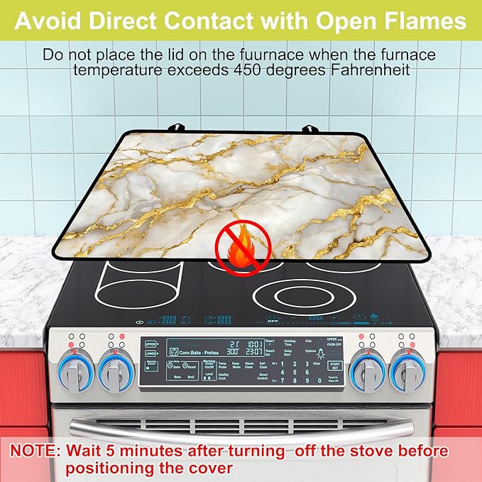 Glass stove top cover 28"x 20", Stove Top Covers for Electric Stove, Flat Range Mat for Glass Cooktop, Kitchen Heat-Resistant Protector Mat Non-Slip Drying Mat (Golden Marble Pattern)