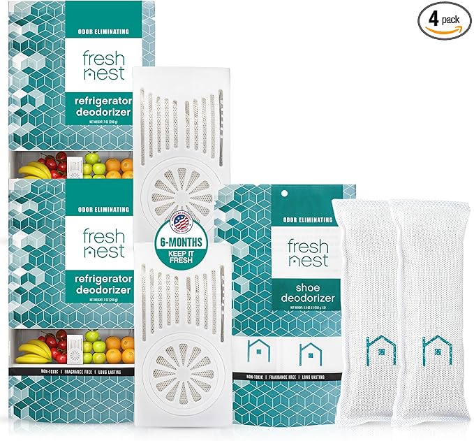 Deodorizer Bundle: Refrigerator Odor Eliminator with Zeolites (1 Pack) – Outshines Baking Soda, Charcoal & Shoe Deodorizer with Zeolites (2 Pack) for Shoes, Gym Bags, Closets, Pet Areas