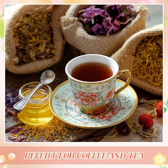 6 Pcs 3 oz Mini Vintage Floral Tea Cups and Saucers Set, Green Porcelain Tea Cup Sets Assorted Colors with Gift Box for Cappuccino, Macchiato, Birthday Party Supply