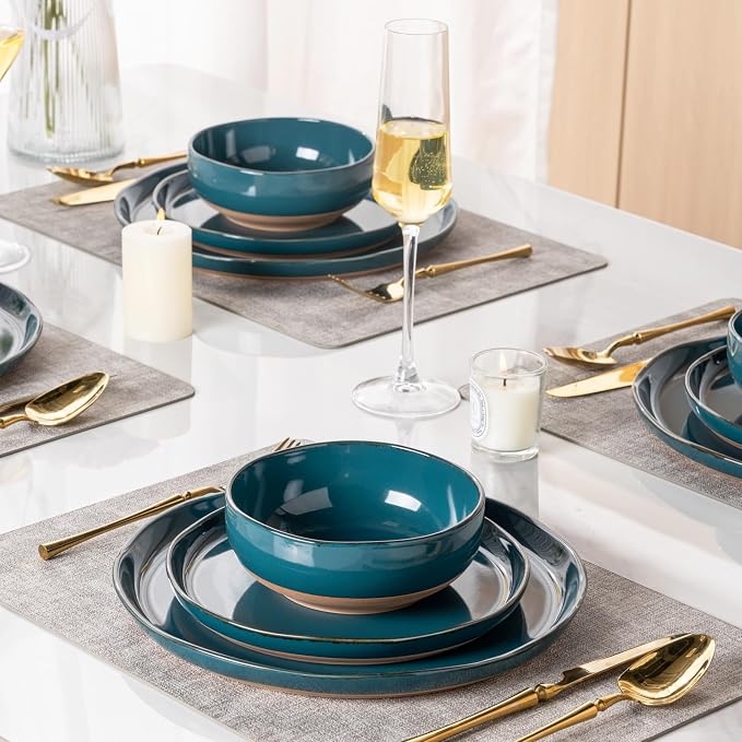 AmorArc Ceramic Dinnerware Sets for 4, 12 Pieces Handpainted Plates and Bowls Set with Rustic Terracotta Underside, Scratch Resistant Stoneware Dishes Set, Dishwasher & Microwave Safe
