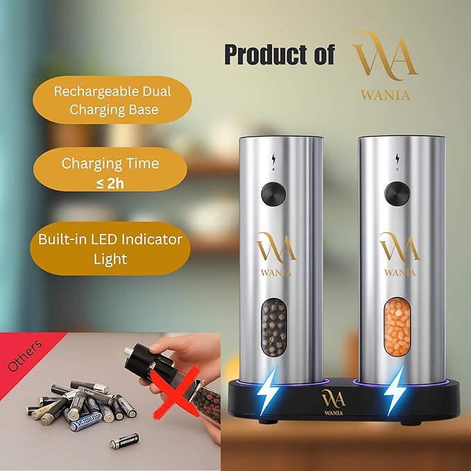 WANIA Electric Salt and Pepper Grinder Set - USB Rechargeable Base, Adjustable Coarseness, LED Light, Automatic One-Hand Operation, Stainless Steel Refillable Mills for Kitchen, BBQ & Gift