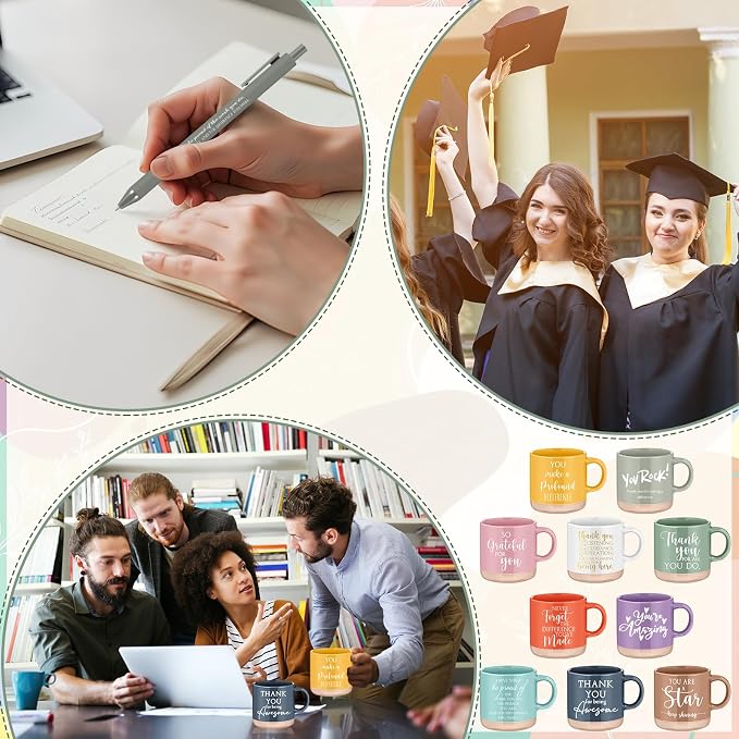 Didaey 10 Sets Employee Appreciation Gifts Set 13oz Inspirational Pastel Ceramic Coffee Mugs A6 Leather Notebooks Ballpoint Pens Bulk Thank You Gifts for Coworker Employees Staff Team Members