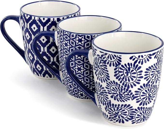 Elama Declan 12 Ounce Assorted Design Stoneware Mug Set in Blue and White, 6 Piece Set