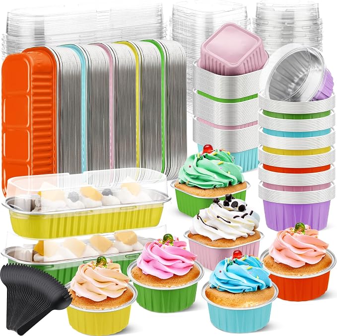 Blushtier 180 Set/360 Pcs Mini Loaf Pans with Lids and Spoons Disposable Mini Cake Pans, 6.8, 5, 4.2 oz Square Rectangle Round Aluminum Foil Cupcake Baking Cups Dessert Liners Tins for Desserts
