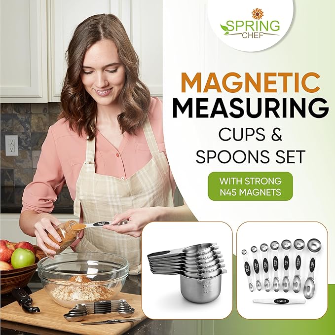 Spring Chef Magnetic Measuring Cups & Spoons Set of 15 with Leveler & Stainless Steel Dough Blender & Pastry Cutter Tool - 2 Product Bundle - Black