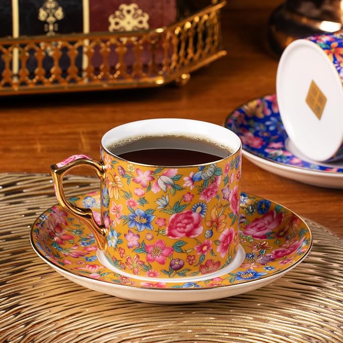 KAMMAK Tea Cups and Saucers Set of 2, Porcelain Coffee Cups, 6oz Stackable Espresso Mugs, Ceramic Demitasse for Coffee, Latte, Americano, Tea (649N+650N)