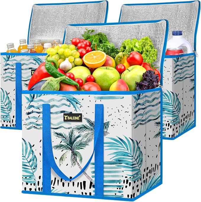 BALEINE 3Pk Insulated Reusable Grocery Bags, Foldable Shopping Bags for Groceries with Reinforced Bottom & Handles (Island Breeze)