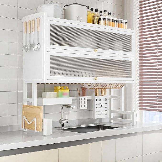 Over Sink Dish Drying Rack 2 Tier Stainless Steel Dish Drainer with Cover and Utensil Holders Large Capacity Space Saving Kitchen Organizer