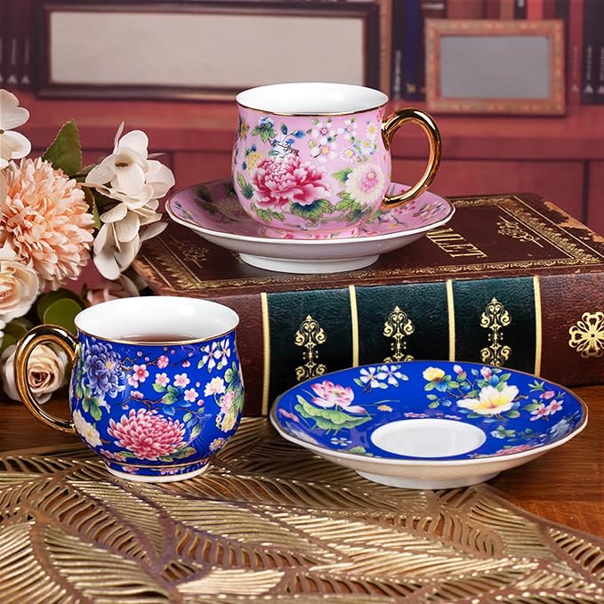 KAMMAK Tea Cups and Saucers Set of 2, Porcelain Coffee Cups, 8oz Stackable Espresso Mugs, Ceramic Demitasse for Coffee, Latte, Americano, Tea (939N+943N)